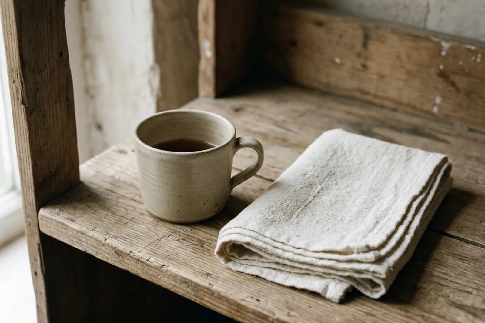 A pile of folded linen cloths resting on a clean shelf under daylight.